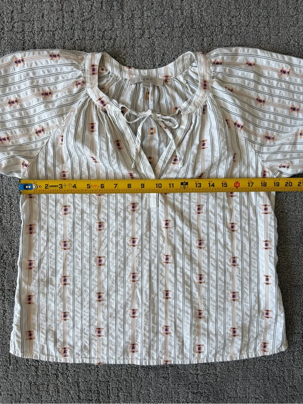 Loft Boho Puff Sleeve Stripe Aztec Blouse Size Small 100% Cotton Top
